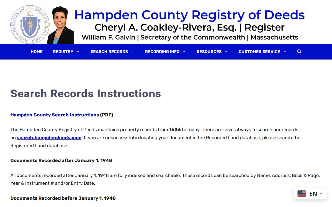 Westfield previous residents research using Hampden Registry search instructions