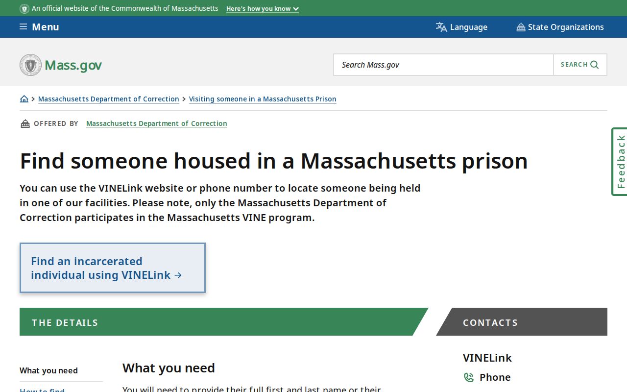 Westfield residents directory Massachusetts VINELink instruction page