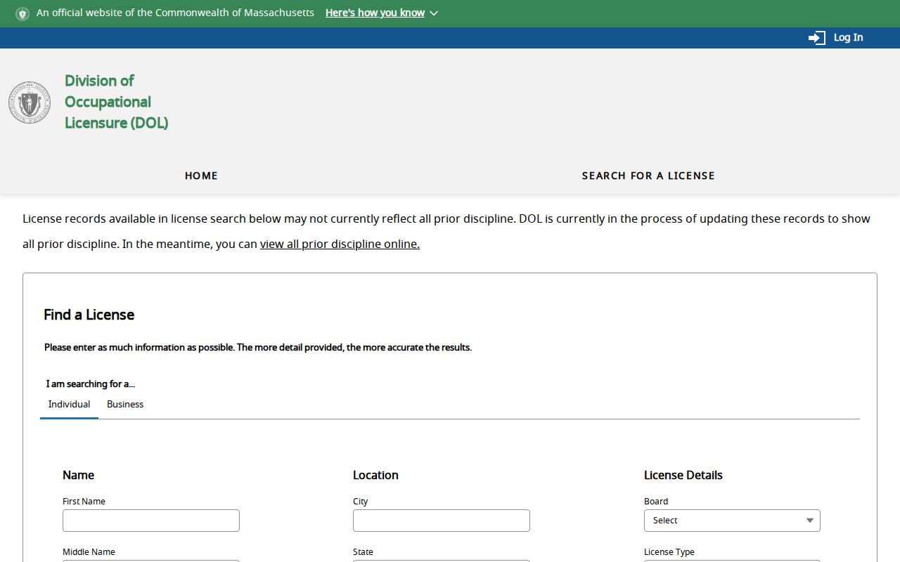 Westfield ZIP code Massachusetts occupational license search
