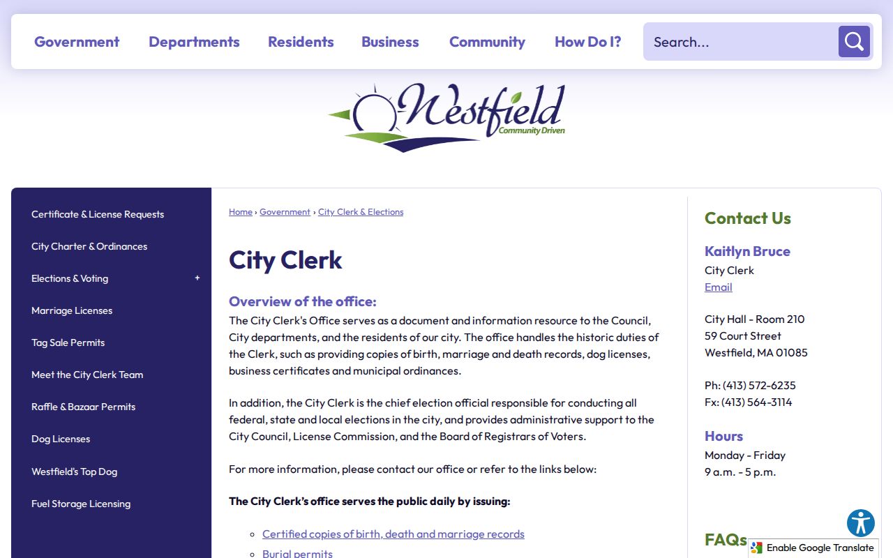 Westfield residents directory City Clerk and Elections page