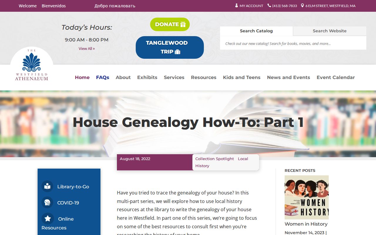 Westfield previous residents house history materials at the Athenaeum