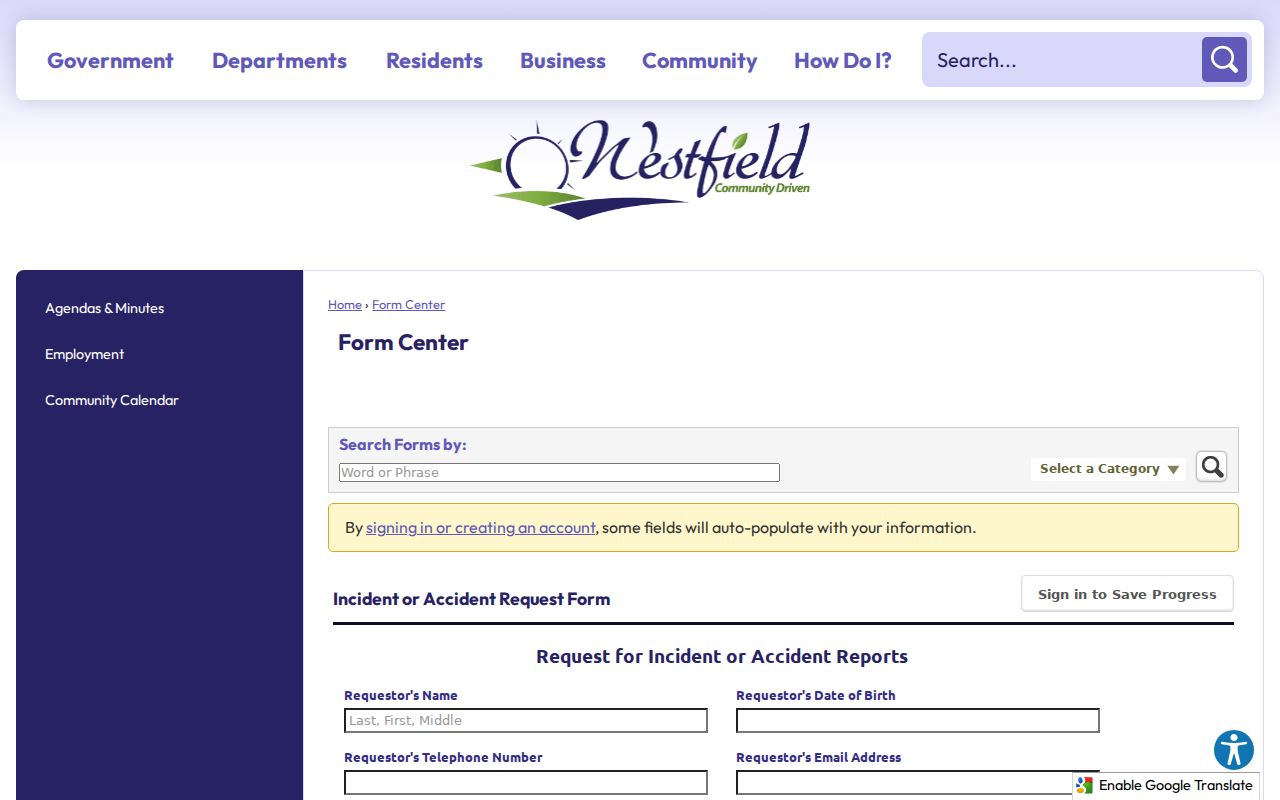 Westfield resident lookup police incident request form